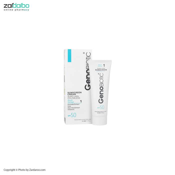 کرم ضدآفتابSPF50 پوست خشک و معمولی بی رنگ ژنوبایوتیک Geno Biotic