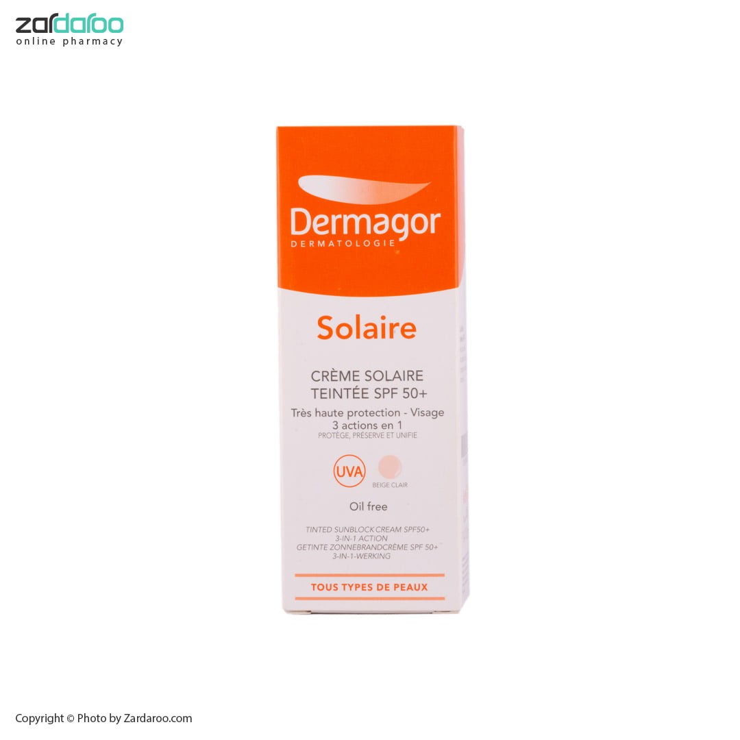 کرم ضد آفتاب SPF50 فاقد چربی 3 در 1 بژ روشن درماگور Dermagor 4 کرم ضد آفتاب SPF50 فاقد چربی 3 در 1 بژ روشن درماگور Dermagor