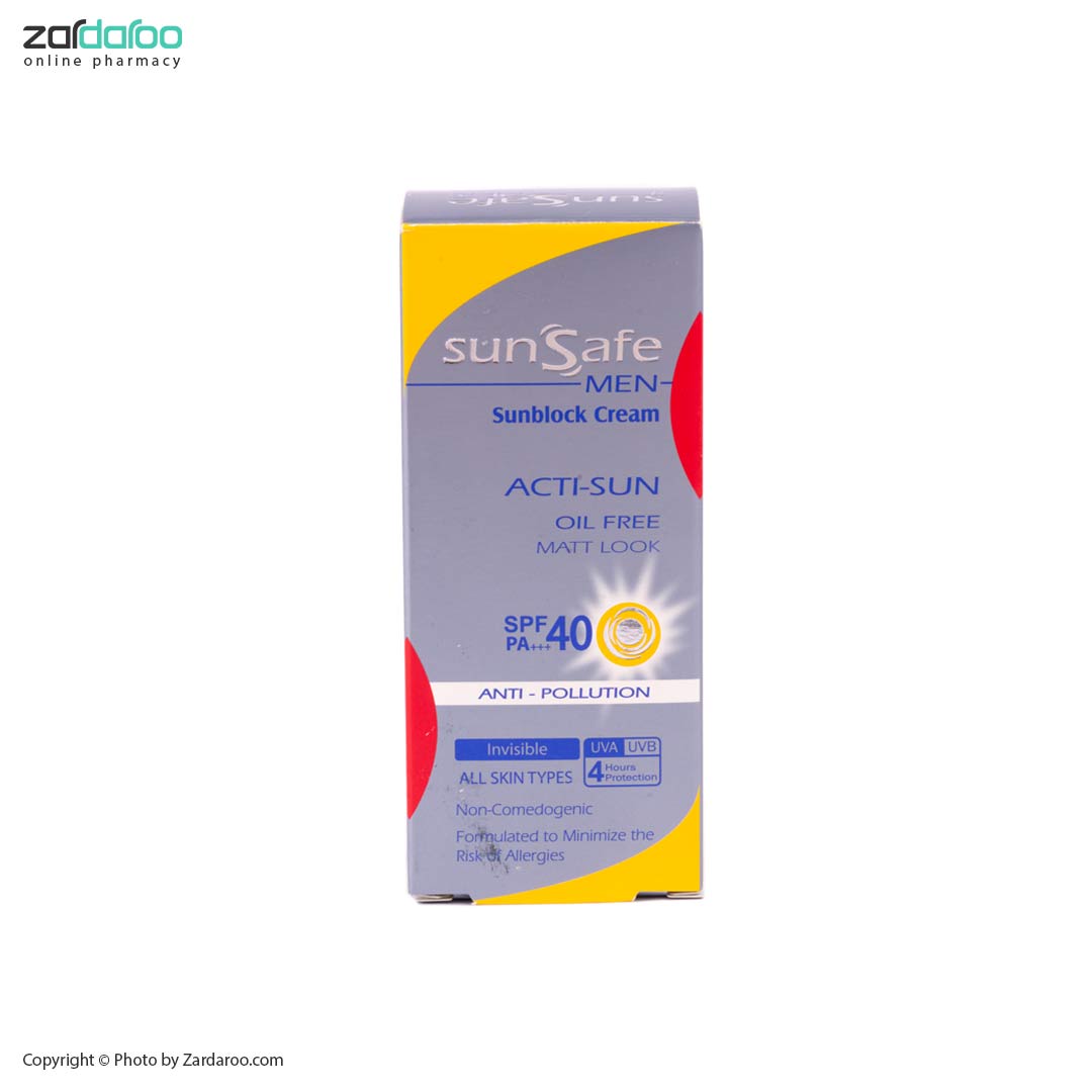 کرم ضد آفتاب آقایان SPF40 فاقد چربی بی رنگ سان سیف Sun Safe 4 کرم ضد آفتاب آقایان SPF40 فاقد چربی بی رنگ سان سیف Sun Safe