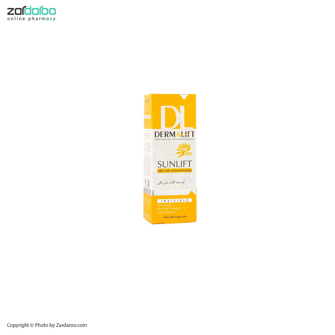 کرم ضد آفتاب بی رنگ SPF 50 مناسب پوست خشک درمالیفت Dermalift 4 کرم ضد آفتاب بی رنگ SPF 50 مناسب پوست خشک درمالیفت Dermalift